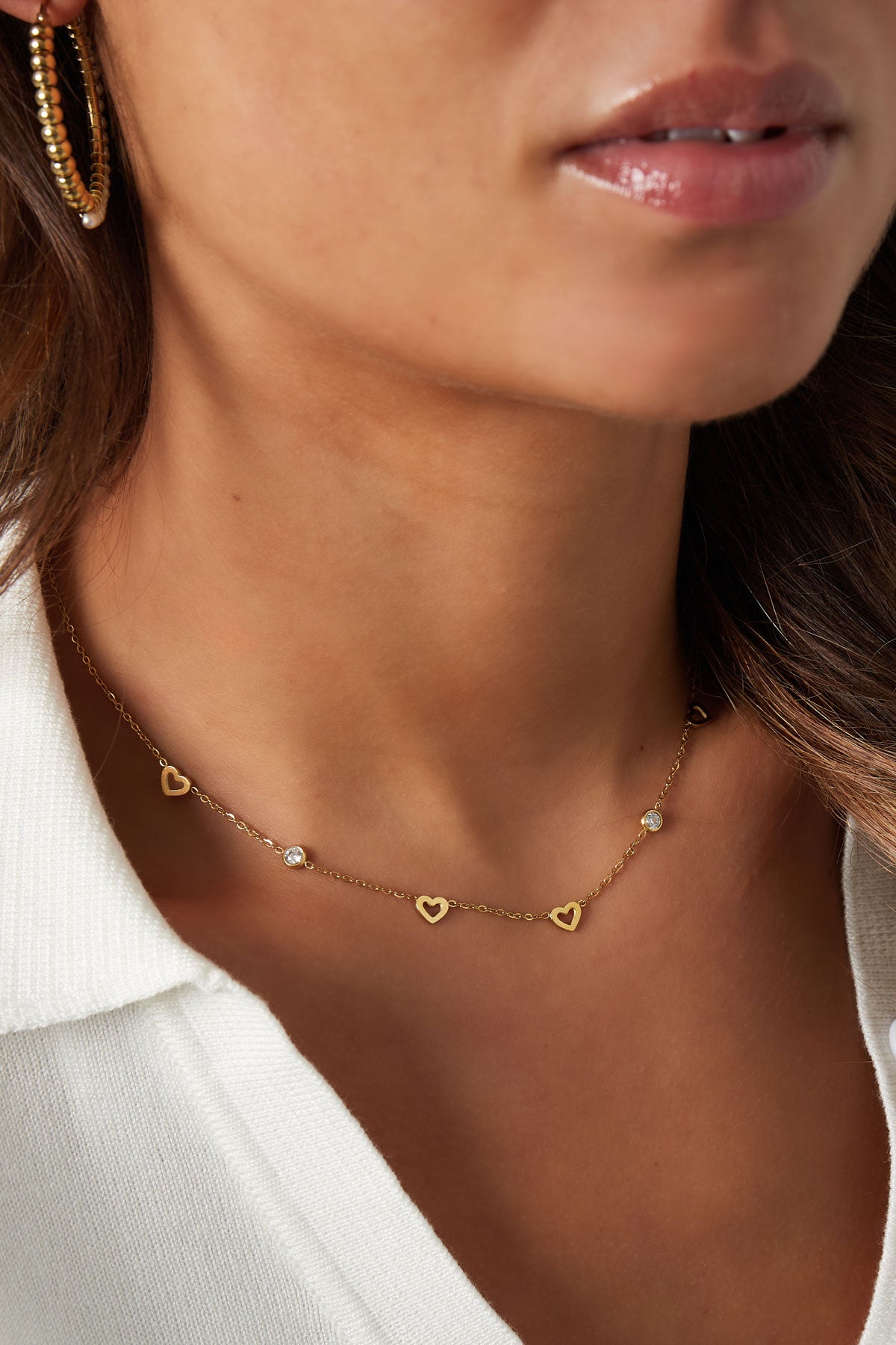 Ketting met hart en diamant bedels - roestvrij staal