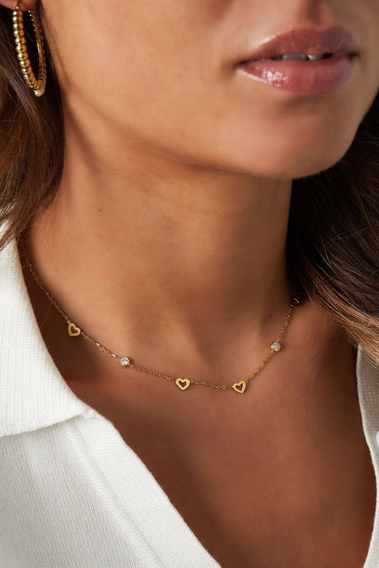 Ketting met hart en diamant bedels - roestvrij staal