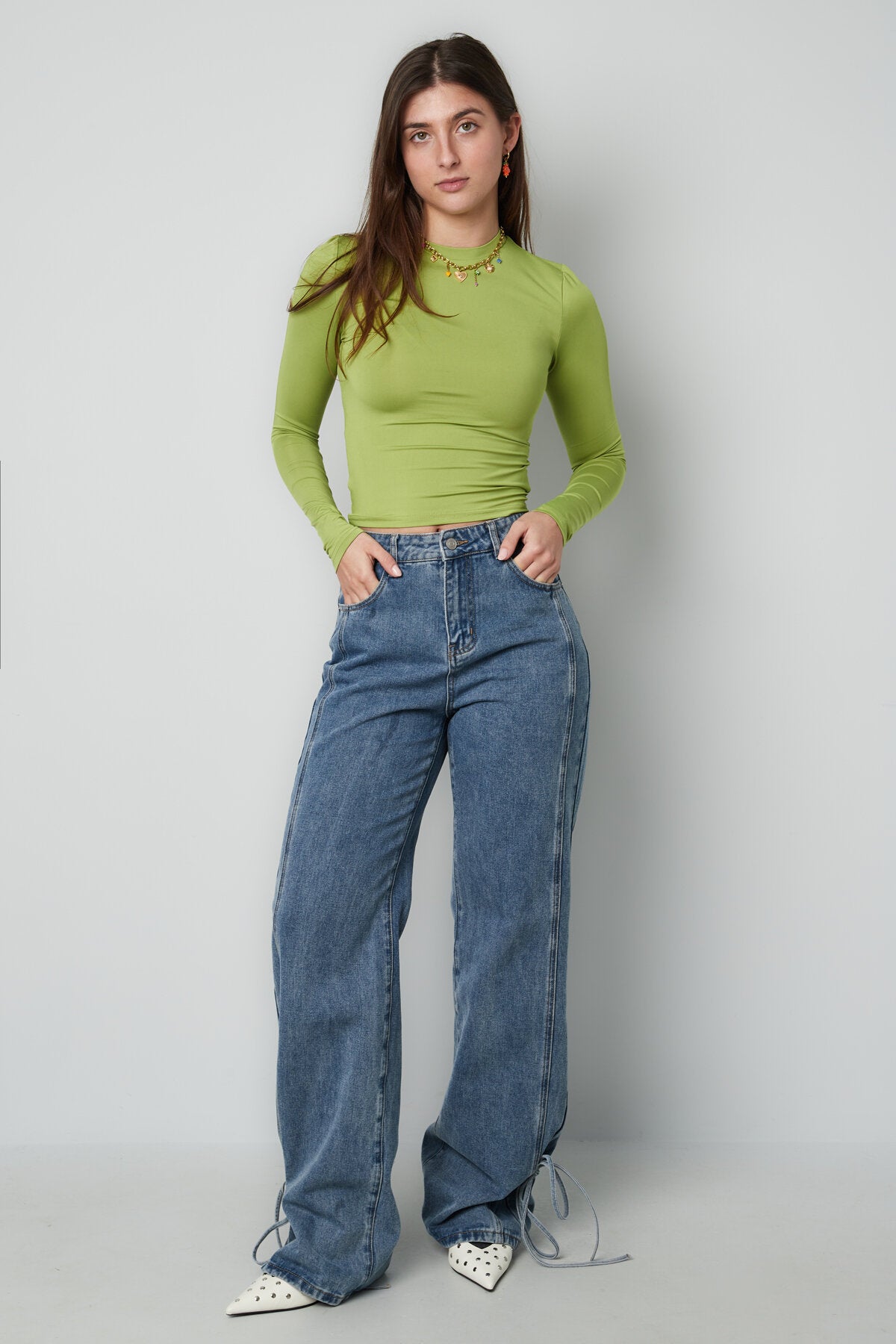 Cotton Woven Vrouwen Rechte Jeans Casual Knopen Detail