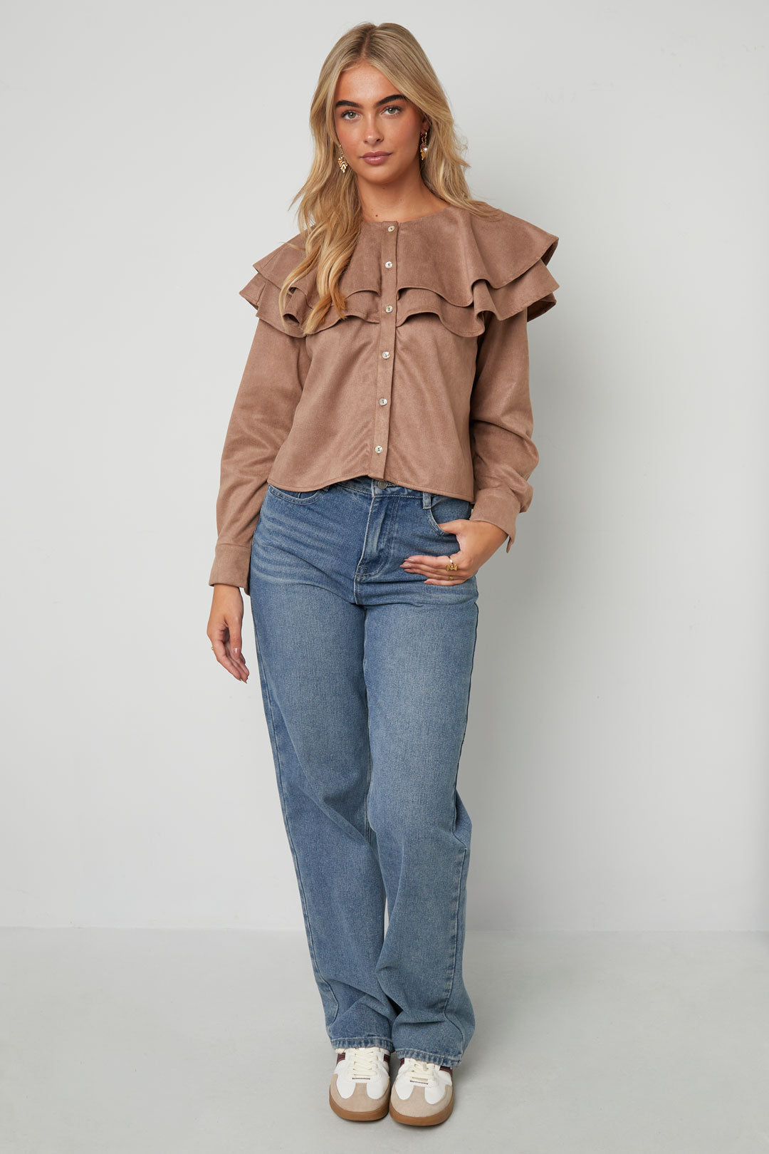 Woven Polyester Fiber Vrouwen Blouse Elegant Ruffle Trim