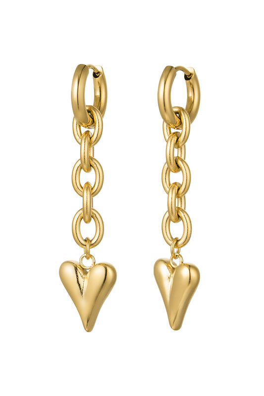 Oorbellen schakel & hart - Goud kleur Stainless Steel