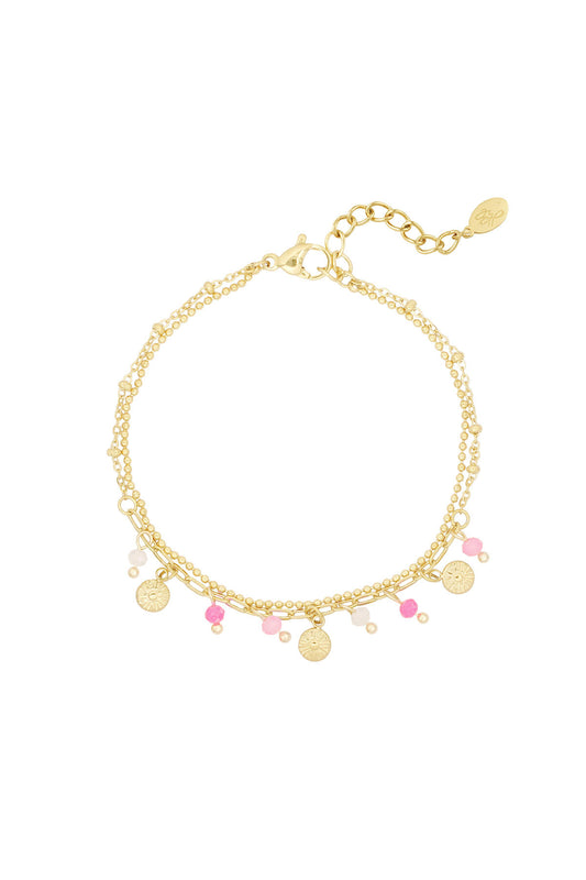 Armband met muntjes en kralen - roze/Goud kleur 