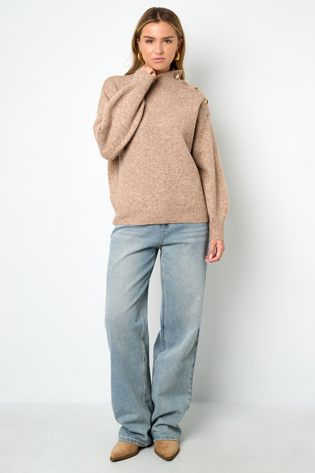Gebreide Polyestervezel Vrouwen Trui met Schildkraag Casual Eenvoudige Kleur