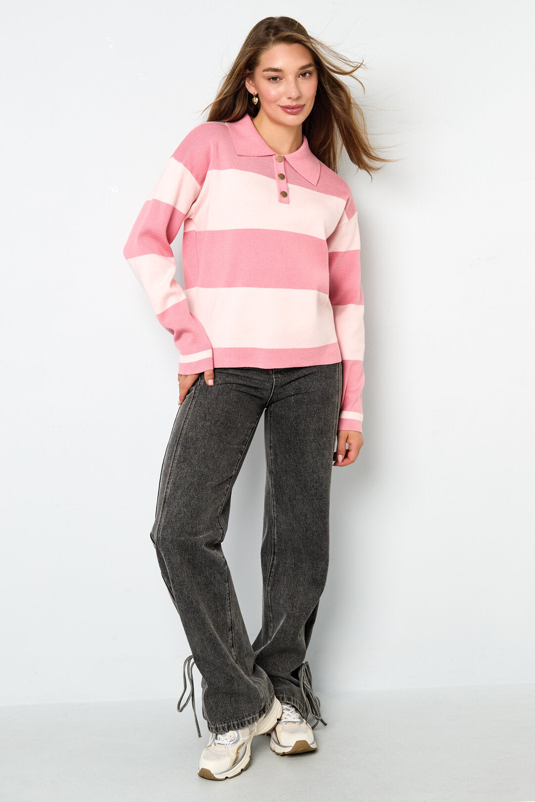 Gebreide Viscose Dames Polo Trui Strepen Herfst/Winter