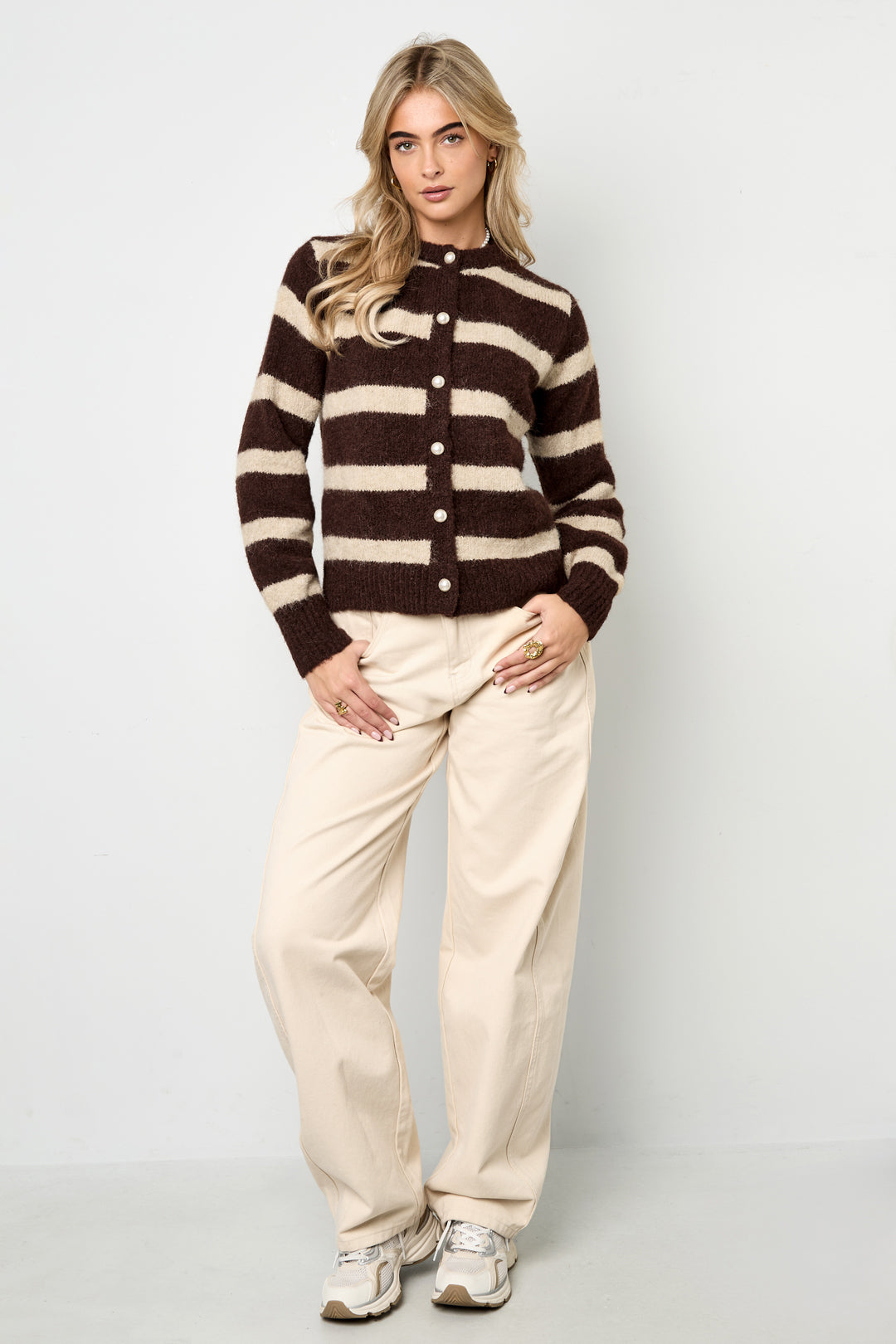 Gebreide Polyestervezel Vrouwen Cardigan Casual Strepen