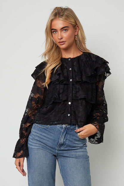 Geweven Polyestervezel Vrouwen Overhemd Elegante Bloemenprint Kantenpaneel