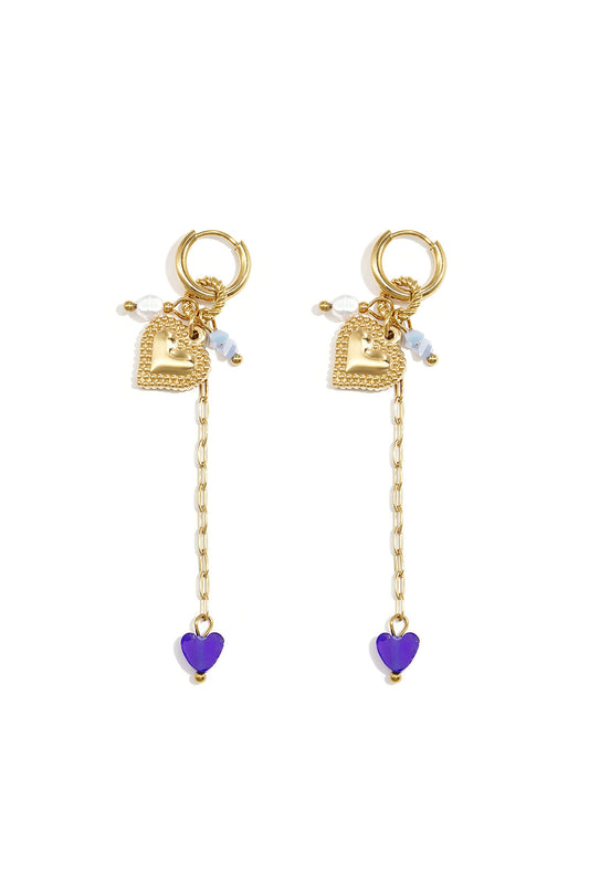 Oorringetjes met lange ketting, hart en kraaltjes
