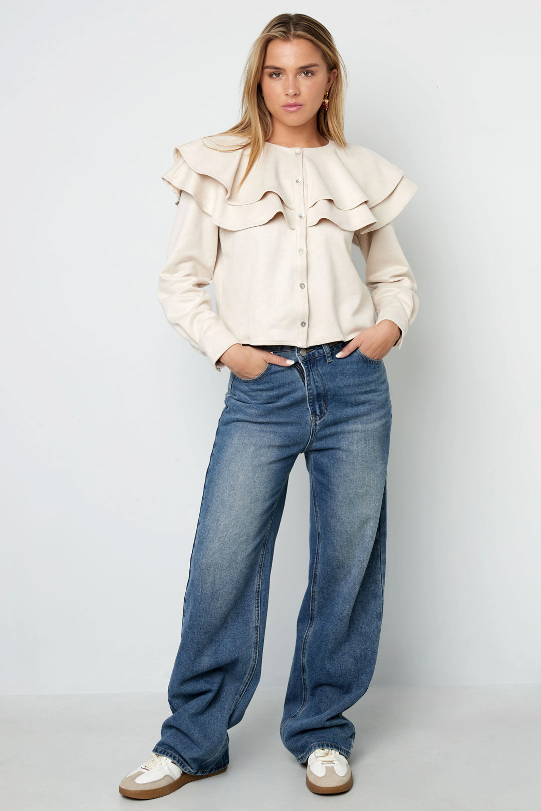 Woven Polyester Fiber Vrouwen Blouse Elegant Ruffle Trim