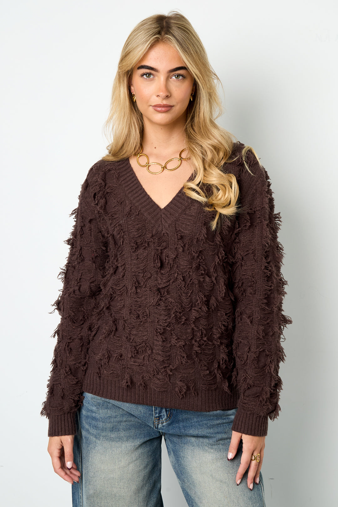 V sweater met franjes