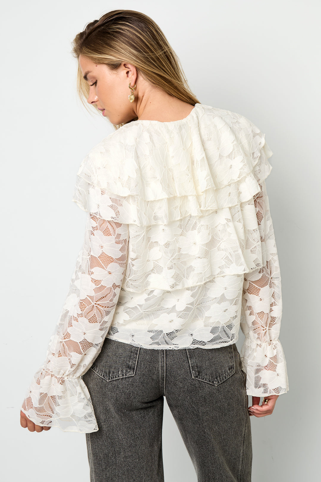 Geweven Polyestervezel Vrouwen Overhemd Elegante Bloemenprint Kantenpaneel