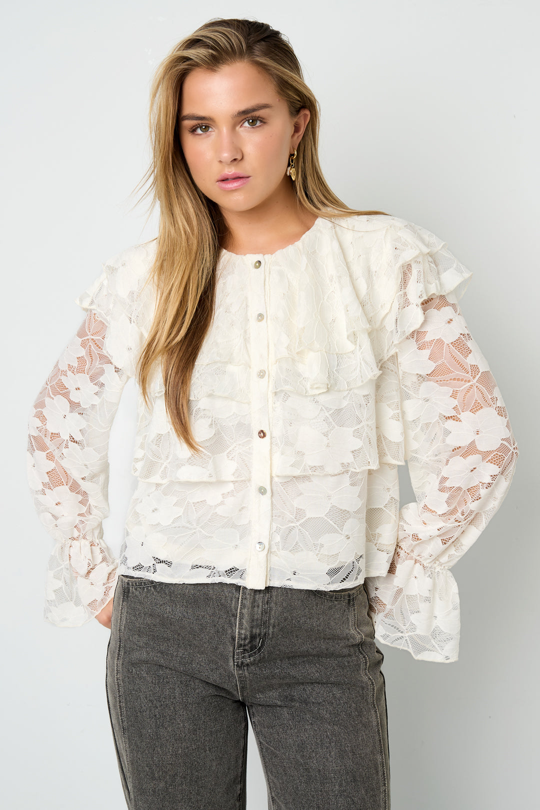 Geweven Polyestervezel Vrouwen Overhemd Elegante Bloemenprint Kantenpaneel